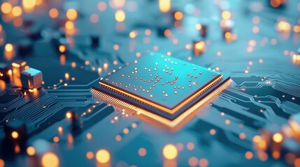 Wall Mural - a close up shot of a computer processor with its intricate circuitry and golden contacts, highlighti