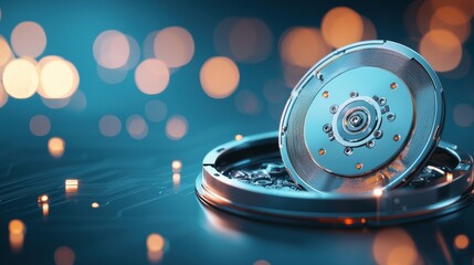 Wall Mural - a close up of a hard disk drive with its spinning platters and read/write head, illustrating the tec