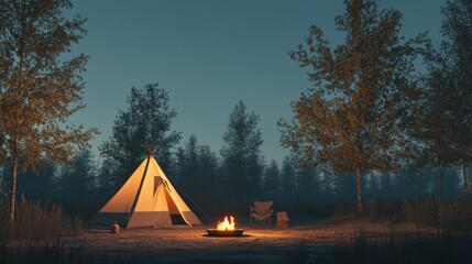 Poster - Cozy camping setup under a serene night sky with a glowing campfire and peaceful surroundings. Generative AI