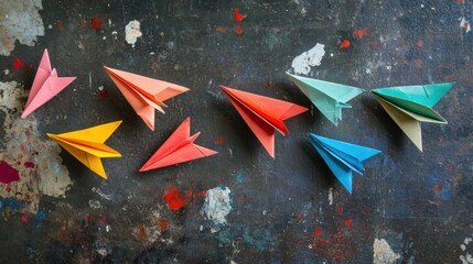 Fototapete - Group of paper planes flying in one direction with one plane pointing in a different direction to symbolize innovation. Generative AI