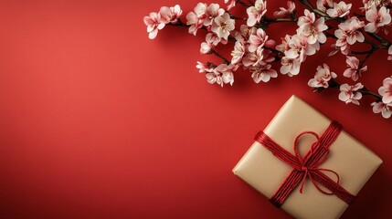 Wall Mural - A beautifully wrapped gift beside delicate cherry blossom branches on a red background.