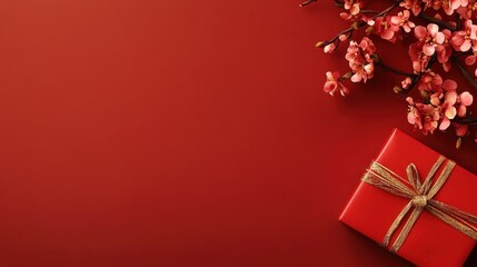 Wall Mural - A red gift box adorned with a ribbon beside pink blossoms on a red background.