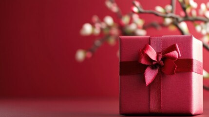 Wall Mural - A beautifully wrapped red gift box with a ribbon, set against a red background with blossoms.