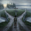 © Rhoda - Person walking on a foggy morning at crossroads looking for a better path future prospects concept illustration image