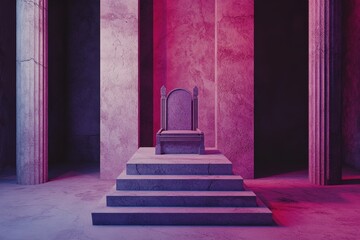 Stone throne sits atop steps within an ancient hall