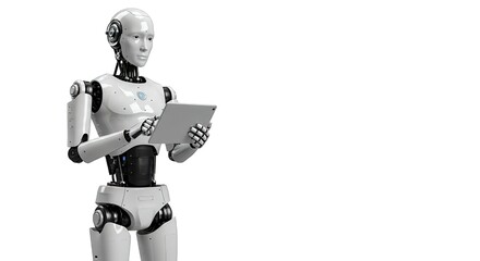 robot android standing and holding a tablet, natural light, clean background.