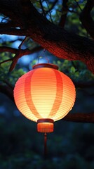 Wall Mural - A glowing red lantern hanging from a tree branch in a serene evening setting.