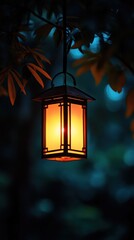 Wall Mural - A glowing lantern hangs amidst foliage, illuminating the surroundings with a warm light.