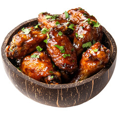 Wall Mural - Delicious Glazed Chicken Wings in Coconut Bowl Garnish