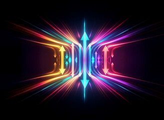 Aufkleber - Abstract vibrant design with colorful glowing lines streaks converging towards the center on a dark background. Arrows indicate direction and movement.