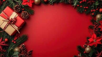 Wall Mural - A festive arrangement with holiday decorations and a gift on a red background.