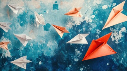 Wall Mural - Group of paper planes flying in one direction with one plane indicating a different path for creative problem solving. Generative AI