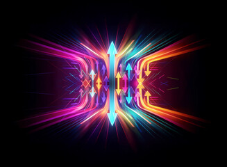 Fototapete - Vibrant arrows radiate from the center in a burst of colorful light against a dark backdrop. The abstract digital art creates a dynamic and energetic visual effect with lines and glowing shapes.