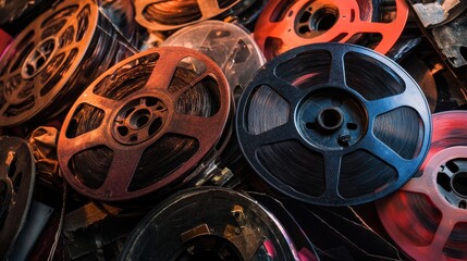 Poster - Close up of vintage film reels and tape, evoking nostalgia and creativity in a unique artistic arrangement. Generative AI