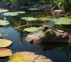 Wall Mural - Dragonfly larval case on the edge of the pond, insect life cycle, dragonfly