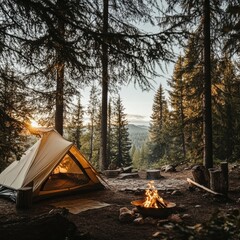 Poster - Cozy camping setup with tent and campfire in serene forest during sunset. Generative AI