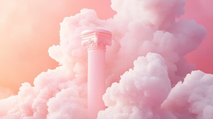 Wall Mural - Ethereal Column Emerges from Soft Clouds in a Dreamy Pink Sky