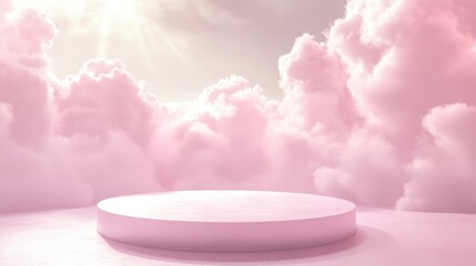 Wall Mural - Dreamy Pink Clouds with Round Platform for Creative Presentations