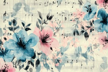 Wall Mural - Beautiful floral composition featuring blue and pink watercolor flowers intertwined with musical notes, creating a harmonious blend of art and music