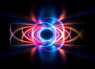 Canvas Print - Abstract design featuring luminous concentric rings and radial lines. Vivid blue, orange, and red hues create a dynamic, futuristic and energetic effect on a black background.