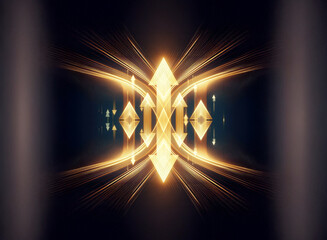 Aufkleber - Abstract golden geometric shapes with upward arrows are glowing against a dark backdrop, radiating light streaks. Symmetrical and futuristic design with an energetic feel.
