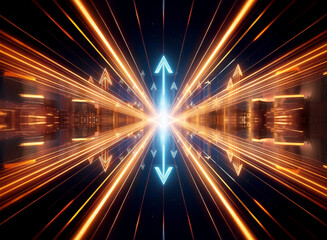 Leinwandbilder - Luminous tunnel of orange light streaks converging to central blue arrows pointing opposite ways, creating depth and directional perspective.