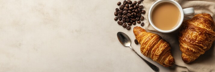 Aufkleber - Morning delights with croissants and coffee on a textured linen cloth in a cozy breakfast setting. Generative AI