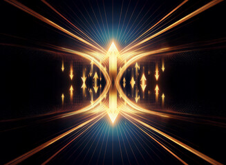 Poster - Abstract symmetrical golden and blue light pattern with radiating lines and arrow shapes against a dark backdrop.