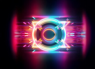 Wall Mural - vibrant neon geometric shape featuring circles, squares, and triangles against a dark backdrop. pink