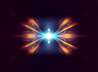Fototapete - Abstract image of a bright blue light source in the center, with dynamic orange and blue rays expanding outwards like wings against a dark background.
