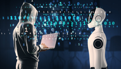 Canvas Print - Cybercriminal in hoodie hacking artificial intelligence humanoid robot in digital cyber environment.