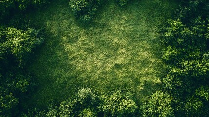 Canvas Print - Aerial view of a grassy clearing surrounded by lush green forest.