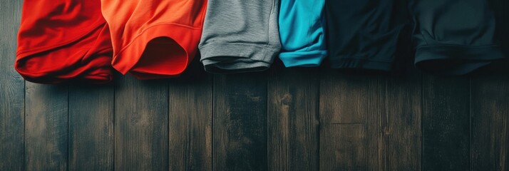 Aufkleber - Colorful athletic shirts arranged neatly on a wooden surface in a casual display, perfect for sports enthusiasts and shoppers. Generative AI