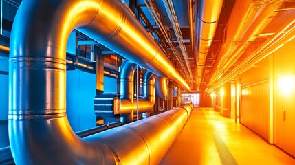 Wall Mural - Industrial interior showcasing intricate piping system illuminated by vibrant blue and orange lighting