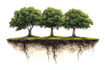 Poster - Floating island with three trees, exposed roots, white background, environmental concept