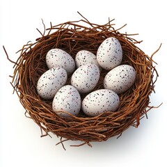 Wall Mural - Birds nest filled with tiny speckled eggs, symbolizing new beginnings, isolated on white