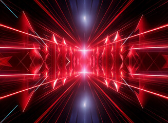 Poster - Futuristic tunnel with vibrant red and blue lights.  A geometric perspective creates depth and dimension. Abstract glowing lines form a dynamic visual.