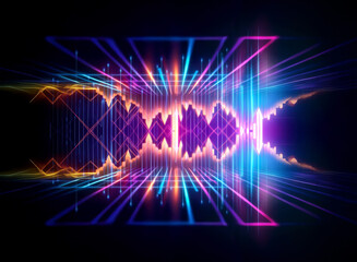 Poster - Abstract neon lines form a tunnel with a central waveform, suggesting sound and light. Vibrant colors and geometric shapes create a dynamic visual.