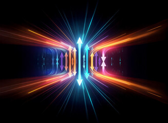 Fototapete - Abstract image featuring vibrant, glowing light trails and arrows. Arrows pointing both inwards and outwards on a dark backdrop, creating a dynamic, futuristic effect.