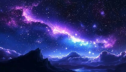 Beautiful fantasy starry night sky blue and purple colorful galaxy and aurora 4k wallpaper. cosmic watercolor illustration.