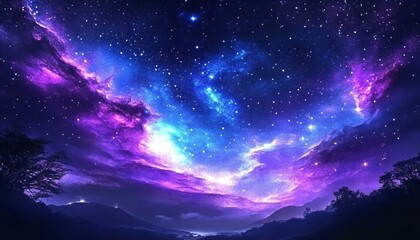 Wall Mural - Beautiful fantasy starry night sky blue and purple colorful galaxy and aurora 4k wallpaper. cosmic watercolor illustration.