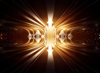 Poster - Abstract golden light bursts from a central point, radiating outward in a symmetrical design. Arrows point up and down, creating a sense of motion and energy in a futuristic style.