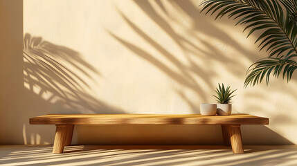 Wall Mural - minimalist wooden table with palm leaf shadows on beige background for product display