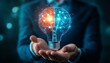 © Ace64 Studio - Businessman holding half of virtual lightbulb and brain on blue bokeh background Smart thinking idea and inspiration innovation concept.