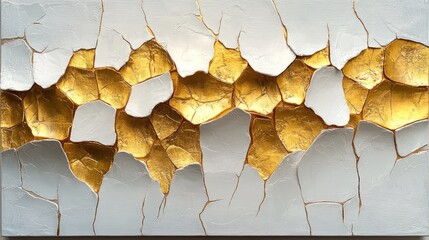 Wall Mural - Abstract artwork featuring cracked white and gold textures, creating a striking visual contrast