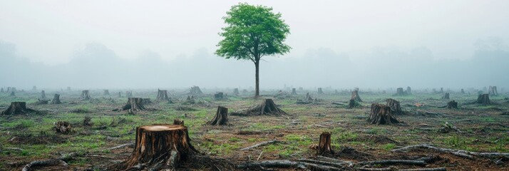 Poster - Lonely tree stands in a deforested area surrounded by tree stumps and fog on a quiet morning. Generative AI