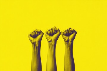 Three raised clenched fists symbolize unity on a yellow background