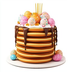 Wall Mural - Stack of pancakes decorated with Easter-themed toppings isolated on white