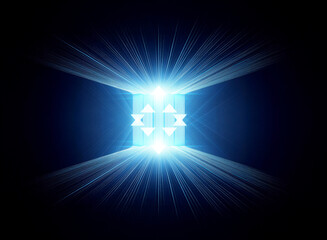 Poster - Luminous blue light radiates from a central geometric shape in darkness. Bright beams expand outwards, creating an abstract, futuristic, and dynamic visual effect.