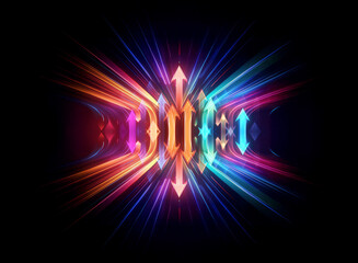 Poster - Vibrant abstract design featuring glowing arrows and colorful light rays on a dark backdrop. Dynamic, futuristic, energetic bursts of color.